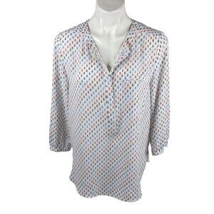 NYDJ Women Medium 1/2 Button Front Shirt Red White Blue Anchor 3/4 Sleeve